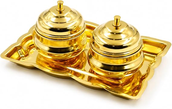 Spillbox Brass Leaf-Shape Puja Thali with 2 Attached Bowls|Sindhoor|Traditional Kumkum, Chandan, and Vibhuti Holder for Home Mandir | Religious Gift for Diwali and Weddings-Rectangle Leaf-2 Bowl