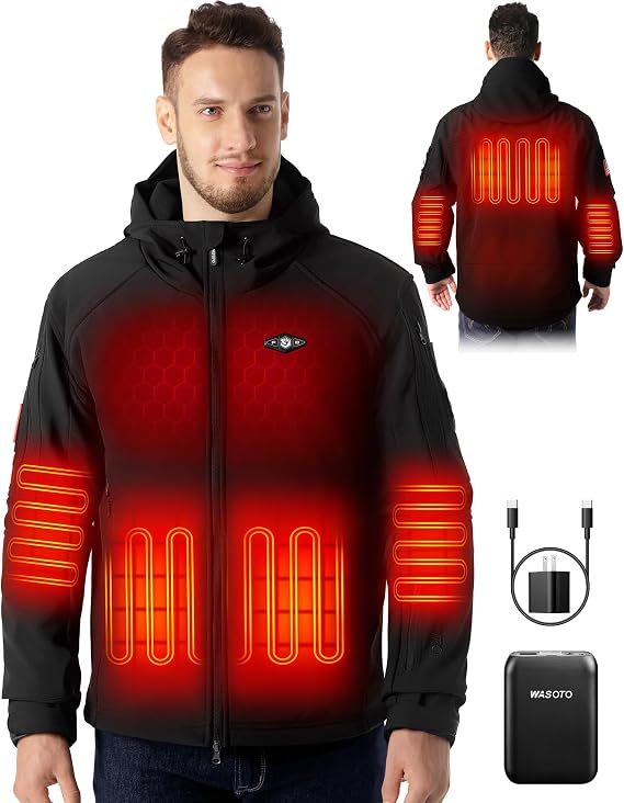 WASOTO Heated Jackets for Men with 9V 16000mAh Battery Pack Included Windproof Waterproof for Snowboarding