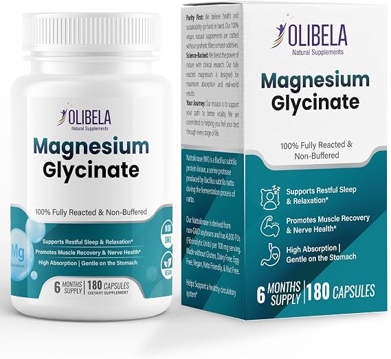 Magnesium Glycinate 1,420mg Complex 100% Fully Reacted & Non-Buffered Chelate for Restful Sleep, Relaxation & Muscle Recovery 180 Veggie Capsules High Absorption, Gentle on Stomach | Olibela