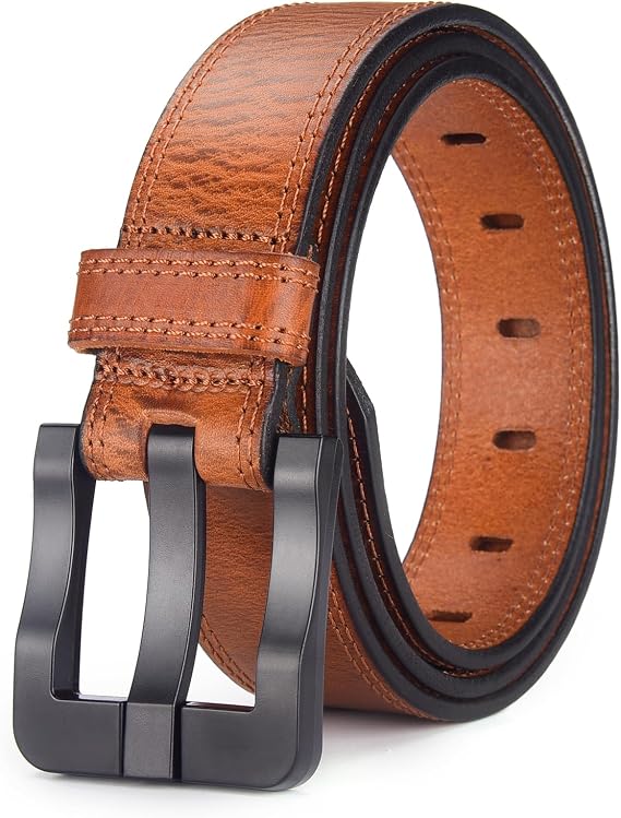 Full Grain Leather Belts for Men Non Metal Nickel Free Tsa Approved Hypoallergenic Belt with Plastic Buckle 38mm Wide