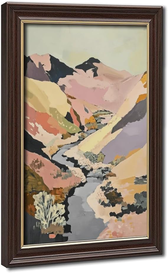 abstract mountain wall art, nature landscape poster, pastel valley painting, modern river scenery, earth tone room decor, contemporary hills artwork, minimalist office wall decor, boho art print