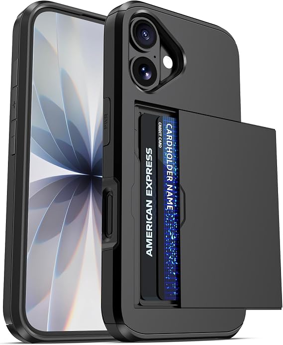 Jiunai for iPhone 17 Case Wallet Holds 2 Cards Slide Card Door Pocket Black