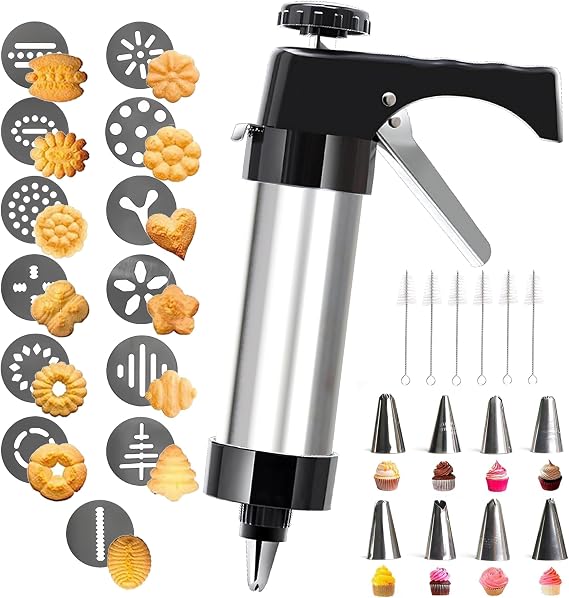 Spritz Cookie Press Gun Kit,13 Cookie Discs+8 Icing Nozzles Perfect for DIY Christmas Cookies and Decorating Cookies,Gifts for Wome( with Cleaning Brush)(black)