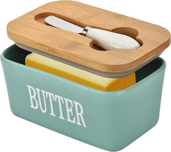 Large Butter Dish with Lid for Countertop,Ceramic Butter Container with Knife Airtight Cover,Butter Keeper for Kitchen Counter or Fridge,Butter Holder Storage,Farmhouse Decor (Green, Large)
