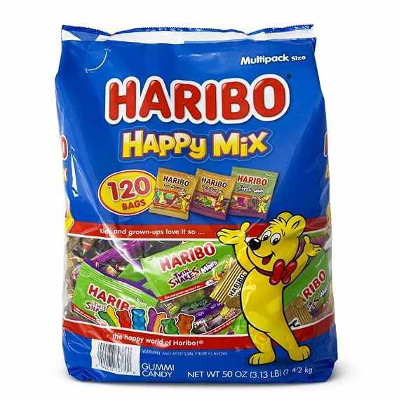 HARIBO Happy Mix Gummy Variety Pack, 120 Mini Bags (50 oz) Goldbears, Twin Snakes & Wild Berry, Individually Wrapped Bulk Candy