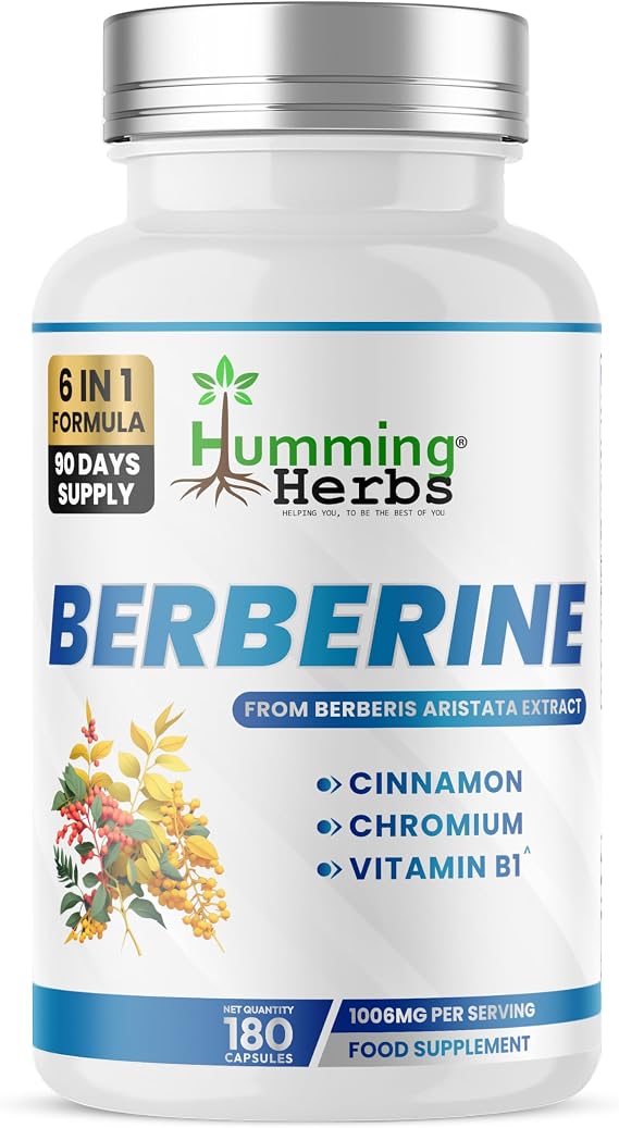 Humming Herbs Berberine 6-in-1 – 1006 mg Serving – 180 Vegan Capsules (90 Day Supply) – Berberine HCl 20:1 from Berberis aristata + Cinnamon + Gymnema + Chromium Picolinate + Vitamin B1 + Black Pepper