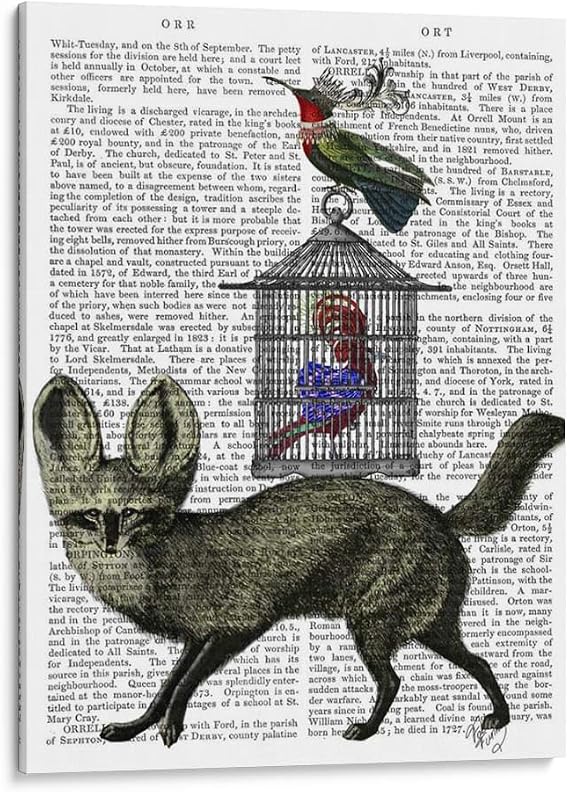 Canvas Lab | Fox With Birdcage by Fab Funky | 15 x 20 in | Canvas Print Wall Art | Whimsical | Wall Decor for Bedroom, Living Room or Office