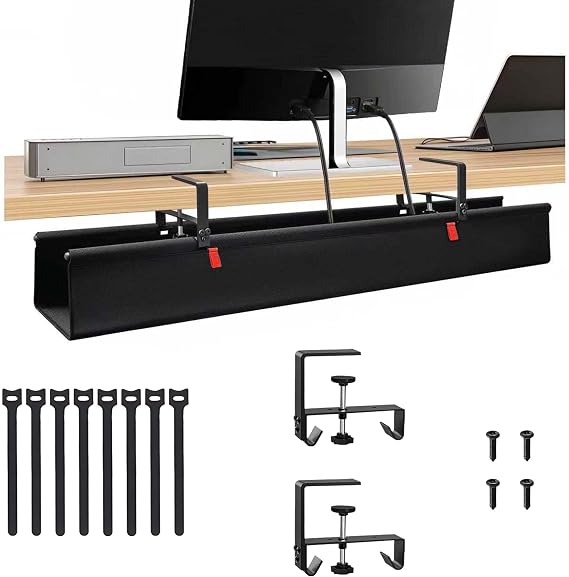 No Drill Cable Management Under Desk, 48" Cord Organizer for Table, Clamp/Screw Mount Cable Tray, Premium Black Fabric Desk Cord Management Tray for Office, Home (Extra Large (48 Inch))