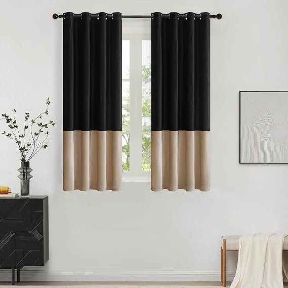 Black Beige Velvet Blackout Curtains Luxury Decor 63 inches,Color Block