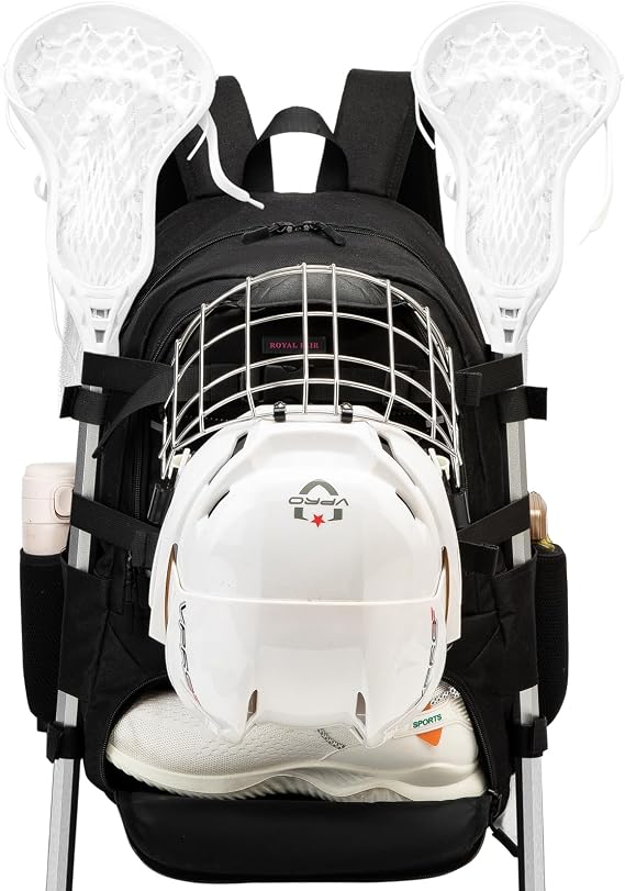 ROYALFAIR Lacrosse Bags - Extra Large Lacrosse Backpack with Two Sticks holder and Separate Cleats Compartment Field Hockey Bag