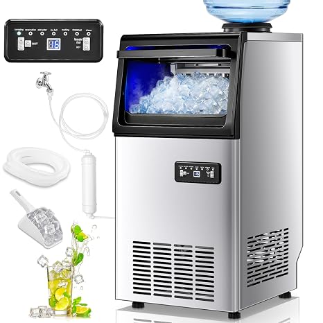 Commercial Ice Maker Machine, 100LBS/24H Freestanding & Undercounter Ice Machine with 2 Water Inlets, 40 PCS/Cycle and 24LBS Storage Bin, Stainless Steel, LED Display & Self-Cleaning for Home Bar