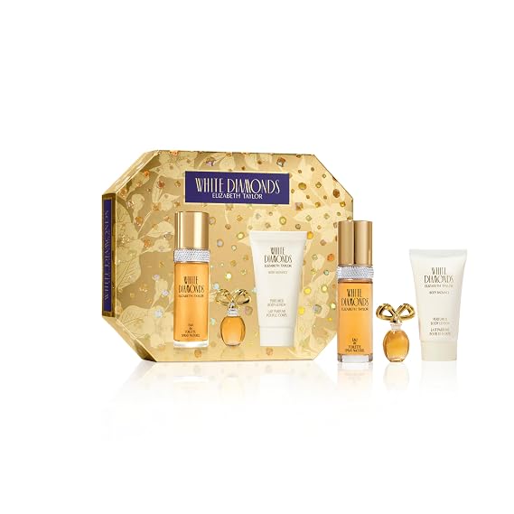 Elizabeth Taylor White Diamonds 3-Piece Fragrance Gift Set for Women | Women's floral perfume gift set. Includes White Diamonds EDT 1 oz, Mini EDP splash 0.12 oz & perfumed body lotion 1.7 oz.