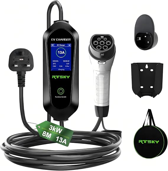 Ev Charger Cable Type 2 to 3 Pin UK Plug, 3KW 13A with Adjustable Current, Includes UI Display Screen, Storage Bag & Wall Mount,8M