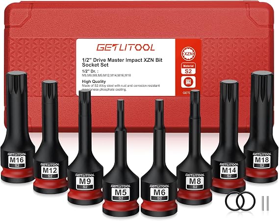 GETLITOOL 1/2 Inch Power Multi-Tooth Bit Impact Wrench Nuts Set 8-Piece S2 Steel Force XZN Bit Insert Set M5-M18 Length 78 mm Multi-Tooth Bits Socket Wrench Set Internal Spline for XZN