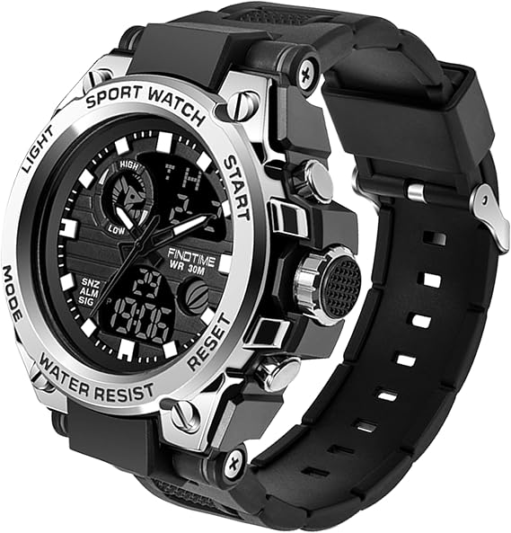 Men's Sports Watches Military Outdoor Large Watch Digital and Analogue Two Time Zones LED display Calendar for Men and Boys