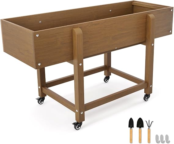 LUE BONA Raised Garden Bed with Wheels, 39.4 * 16.7 * 28 in, HDPS Elevated Planter Box with Tools, Weather Resistant, Standing Growing Bed Herb Planter for Vegetable, Outdoor