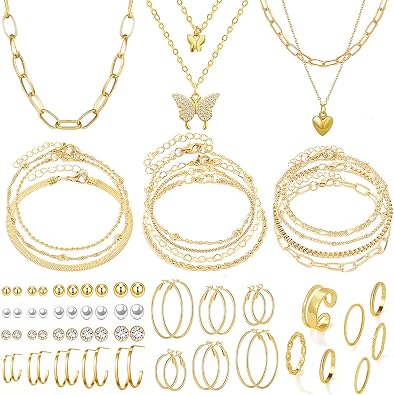 47pcs Gold Jewelry Set With 3 PCS Necklace, 11 PCS Bracelet,20pcs Hoop Stud Earrings,7pcs rings set For Women For Birthday Gifts