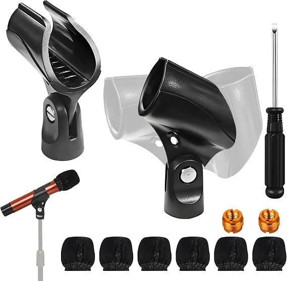2 Pcs Universal Microphone Clip,180-degree Adjustable, with a 3/8 Screw Adapter, Microphone Protective Covers and a Phillips Screwdriver for Wired Wireless Mic Clamp