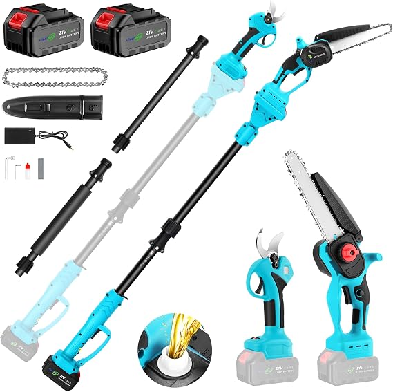 4-in-1 Cordless Pole Saw & 8 Inch Mini Chainsaw & Pole Pruner & Pruning Shears, 221V 3000mAh Rechargeable Batteries, Carrying Bag, Shoulder Strap, 14FT Max Reach Electric Pole Saw for Tree Trimming