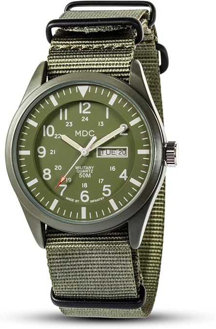 Infantry Mens Military Field Watch, Vietnam Style, 12/24H, Green Nylon Band | Tactical Day Date, Waterproof, Analog Quartz, Army Green Strap for Outdoor Work, Veteran Gift