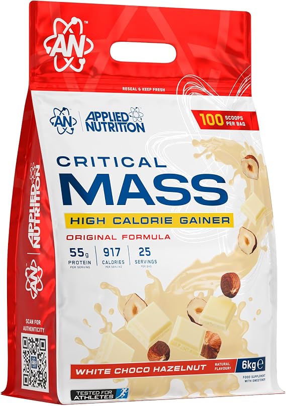 Applied Nutrition Original Critical Mass - Weight Gainer with MCT Powder, High Calorie Protein Powder Mass Gainer (6kg - 25 Servings) (White Choco Hazelnut)