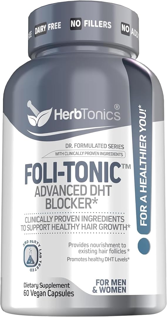 Hair Growth Vitamins for Women & Men | DHT Blocker with Saw Palmetto & 10000mcg Biotin, Foli Tonic Hair Growth Supplement Supports Fuller, Thicker Hair Appearance, Non-GMO, 60 Vegan Capsules