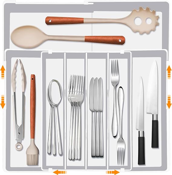 Homecor Silverware Drawer Organizer - Expandable Drawer Organizer for Kitchen, Utensil Holder BPA Free Flatware and Cutlery Tray for Spoons Forks Knives, Plastic Kitchen Organizer and Storage, White