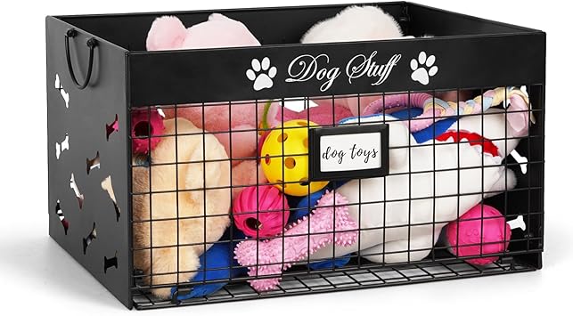 Bfttlity Dog Toy Basket - Large Dog Toy Box with Handles and Label Position Design for Living Room, Metal Dog Toy Bin Storage for Dogs Chew Pets Toys, Blankets, Clothes, Food (Black)