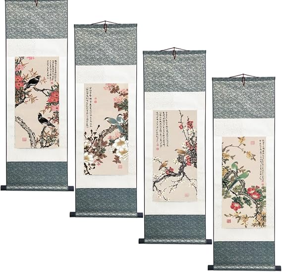 Chinese Art Brush Landscape Ink Flower and Bird Painting Asian Tapestry Silk Scroll Wall Hanging Decor (4 Paintings, 39" x 12"/100 x 30cm)