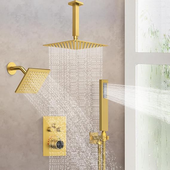 Bathroom Thermostatic Rainfall Shower System: Aposhion Ceiling Mounted Shower Faucet Set - 12" & 6" Dual Rain Shower Heads with Handheld Sprayer Include Anti-Scalding Valve, Brushed Gold