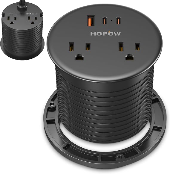 Desk Grommet, Dual-Sided Recessed Power Strip, 4 Outlets 3 USB (2 USB-C)