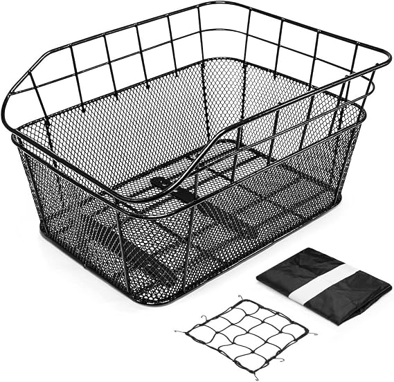 Anzome 38 x 31 x 20 Rear Basket for Bicycles, Waterproof Metal Wire with Adjustable Cargo Net and Waterproof Cover that Fits Most Rear Bike Carriers