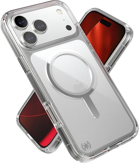 Speck Presidio Perfect Clear for iPhone 17 Pro Max Case, MagSafe-Compatible, Slim Protective Case, Clear/Clear/Silver