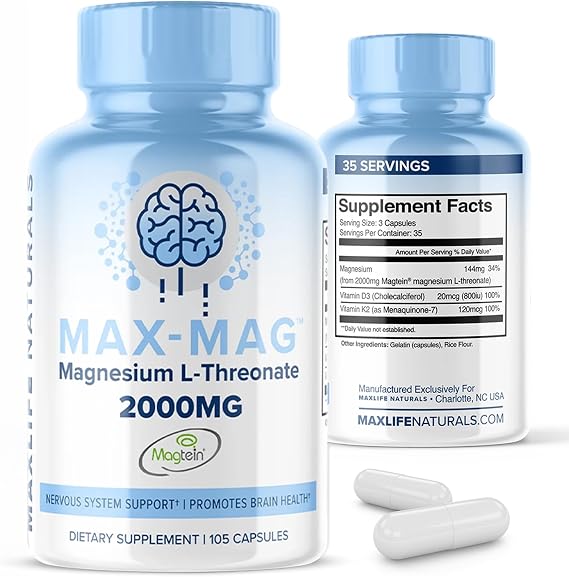 Max-Mag 2000mg Magnesium L Threonate Supplement - 105 Capsules Made in USA, Magnesium Threonate Supplement with Vitamin D3 & K2 for Sleep, Mood & Brain Function, Nutrition by MaxLife Naturals