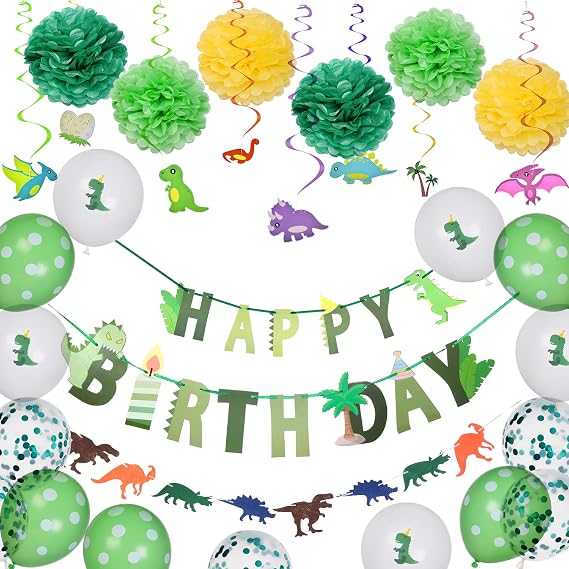 DoMiDoLa Dinosaur Birthday Party Supplies Decorations Set-51 Pcs- Happy Birthday Banner,Dinosaur Hanging Swirls,Latex Dinosaur Balloons,Paper Garlands and Flowers for Kids Dino Party Supplies Baby Shower Jurassic World Party Supplies DIY