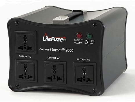 LiteFuze 2000W Voltage Converter Step-up/Down Auto Power Transformer - 110/120v to 220/240v - Heavy Duty Circuit Breaker Protection Converting Box Technology - Black