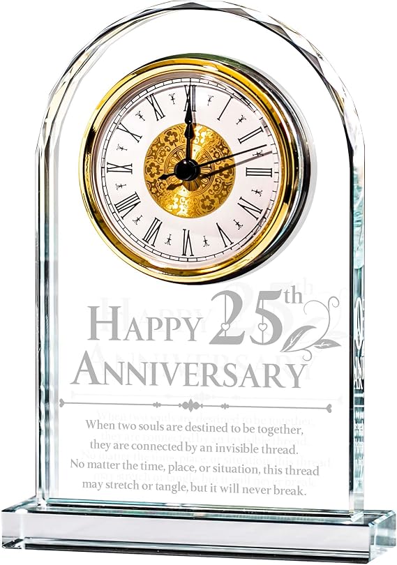 25th Wedding Anniversary Quartz Clock Gifts for Couple, Romantic Glass Keepsakes Presents for Wedding Valentines Day Christmas, I Love You Gift for Husband Wife