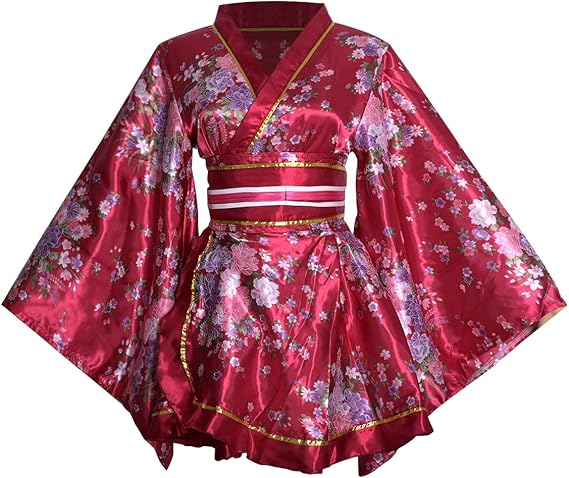 HONGFU Women's Short Kimono Costume Floral Long Sleeve Traditional Japanese Geisha Yukata Lolita Dress Sexy Bath Robe Sleepwear Robe Belt Outfit