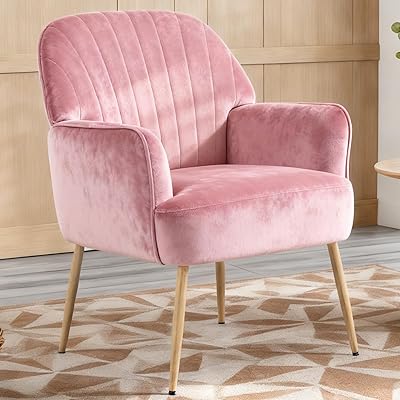 Velvet Accent Chair, Upholstered Modern Leisure Single Sofa Side Chair, Comfy Tufted Back Armchair with Metal Legs for Living RoomBedroomOfficeReading Room, Pink