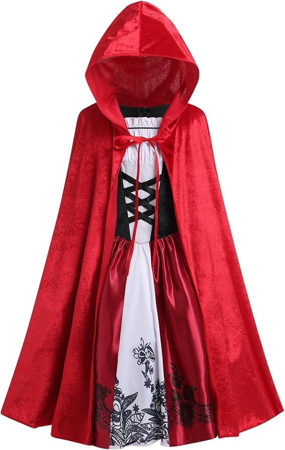 IMEKIS Little Red Riding Hood Costume Girls Dress Velvet Cape Cloak Halloween Cosplay Kid Storybook Fairy Tale Outfits