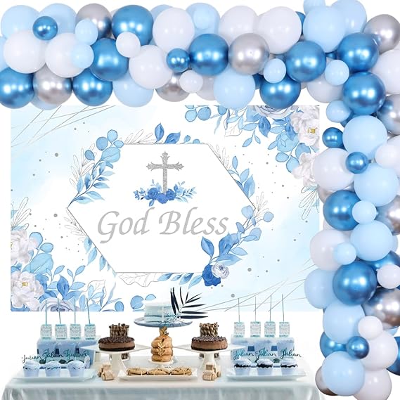 Cheereveal Baptism Decorations for Boys Blue - God Bless Party Decorations Blue & Silver Balloon Garland Kit with Backdrop Cross Foil Balloon for First Communion Confirmation Party Supplies
