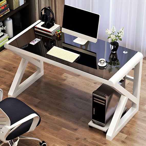 Glass Top Computer Desk Office Desk with Metal Legs - Without Chairs Computer Desktop Table Economical Desk Tempered Glass Study Table White Base Black Table Top 47.2" L x 23.6" W x 29.5" H