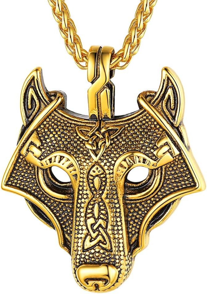 FaithHeart Viking Wolf Necklace for Men, Vintage Style Norse Runes Wolf HeadFenrir Pendant Necklaces Stainless SteelGoldBlack, Nordic Gifts