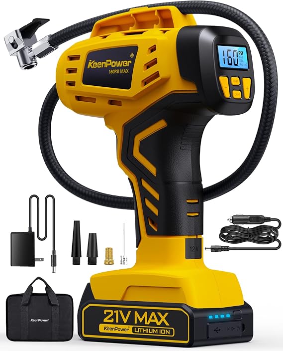 KeenPower Tire Inflator Portable Air Compressor 21V Battery Powered 160PSI | Dual Power Supply, Auto Shut-Off, Digital Pressure Gauge, Super Faster Inflation Air Pump for Car Motorcycle Bike Ball Gift