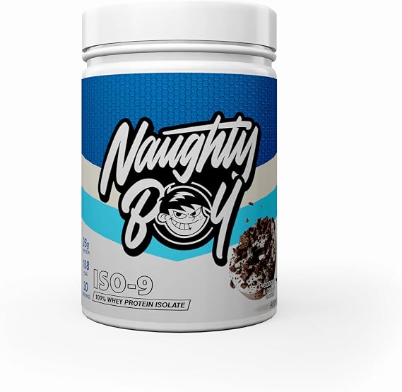 Naughty Boy ISO-9 Isolate Protein Powder, Optimum Taste and Mixability for Both Males and Females, High Protein, Low Sugar, Low Carb, Muscle Building Powder (Cookies & Cream, 900 g)