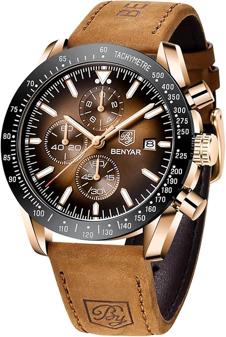 BENYAR Watches for Men, Analog Quartz Movement Chronograph Wrist Watch, Leather/Stainless Steel/Silicone Strap, Business Sports Casual Dress Watch, Waterproof Scratch Resistant, Elegant Gifts for Men