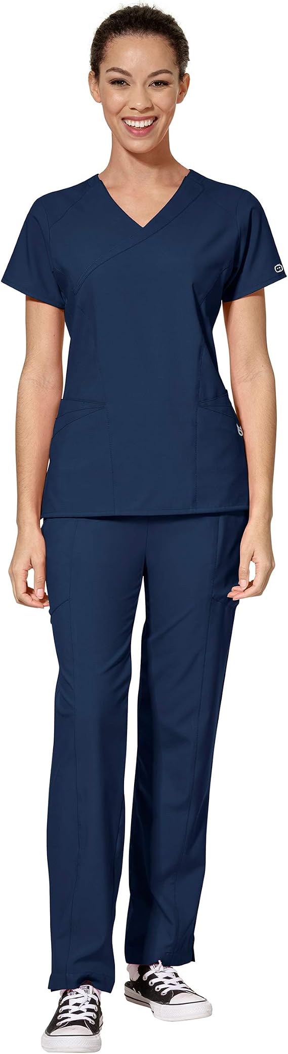 WonderWink W123 Women's Mock Wrap Top & Flat Front Double Cargo Pant Scrub Set + Badge Reel