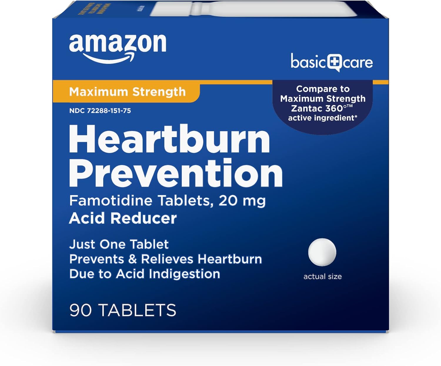 Amazon Basic Care Maximum Strength Famotidine Tablets, 90 Count, Heartburn Prevention