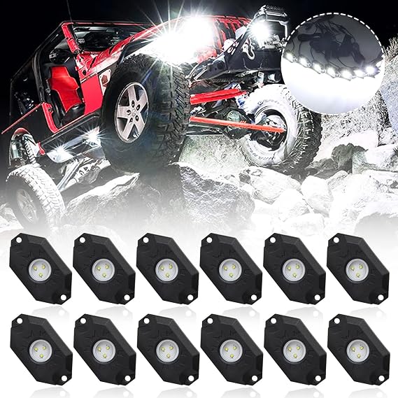 White LED Rock Lights Kit with 12 Pod Light Compatible With Truck Car SUV Boat Motorcycle Vehicle,Easy Installation