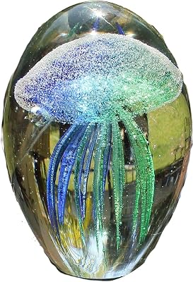 SunRise Hand Blown Glass - Jellyfish Paperweight, Glow in The Dark Glass with Multi-Color Light Base Teal,